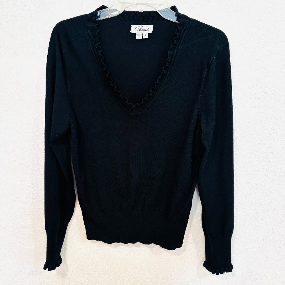 Chaus Pullover V-Neck Sweater Black Long Sleeve Stretch Ruffled Womens Sz Large